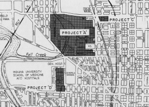 A 1954 Indianapolis Redevelopment Commission map of urban renewal tracts in the near-Westside Project A.