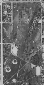 A 1937 aerial view of Douglass Park includes the swimming pool (left center, above the two baseball diamonds) as well as the segregated golf links.