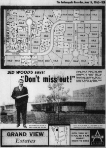 In June, 1963 Woods appeared in an ad for Grandview Estates showing the progress of sales in the northwestern Indianapolis suburb.